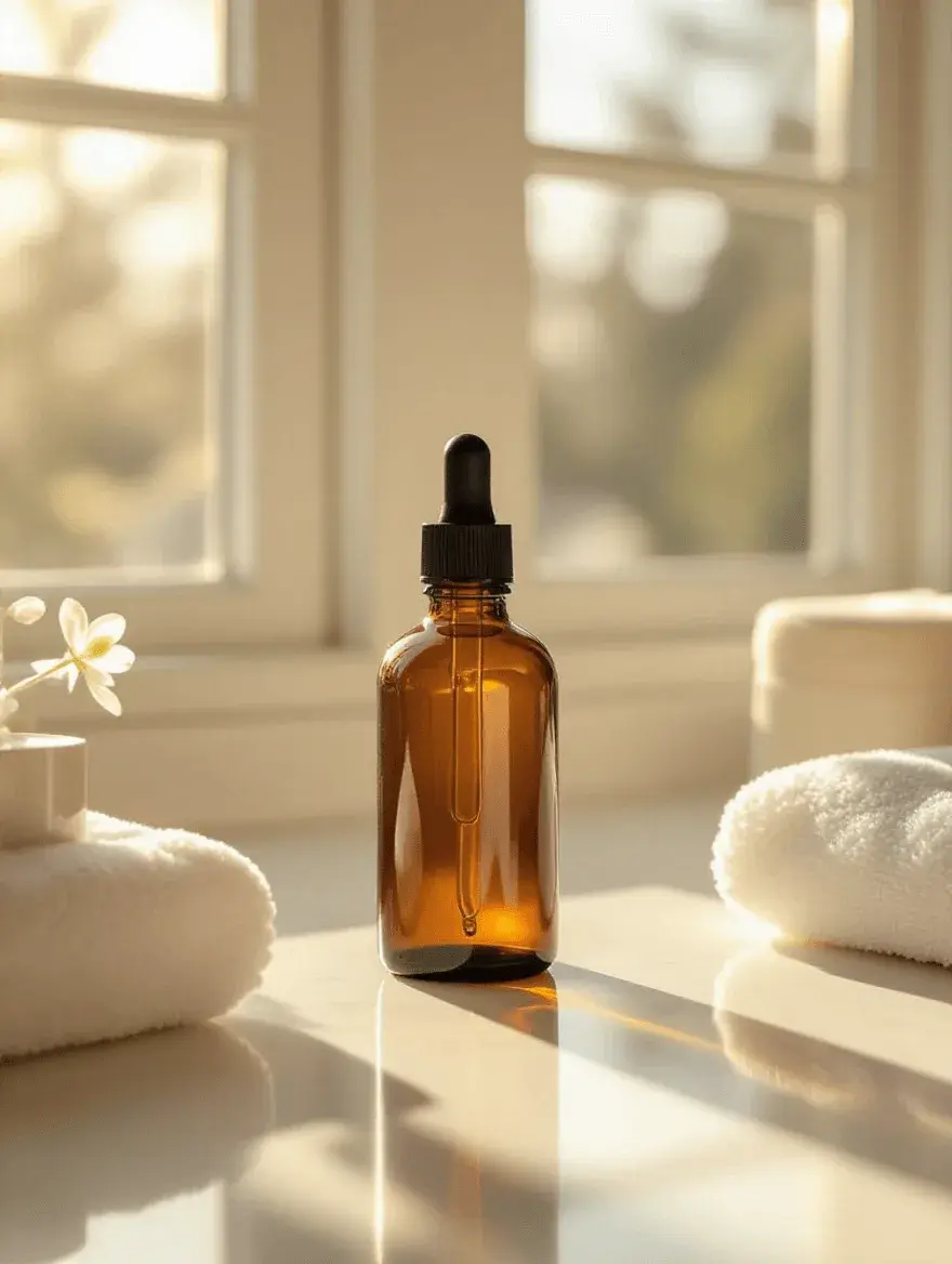 Glass dropper skincare bottle on a bathroom counter with soft morning light and neutral tones