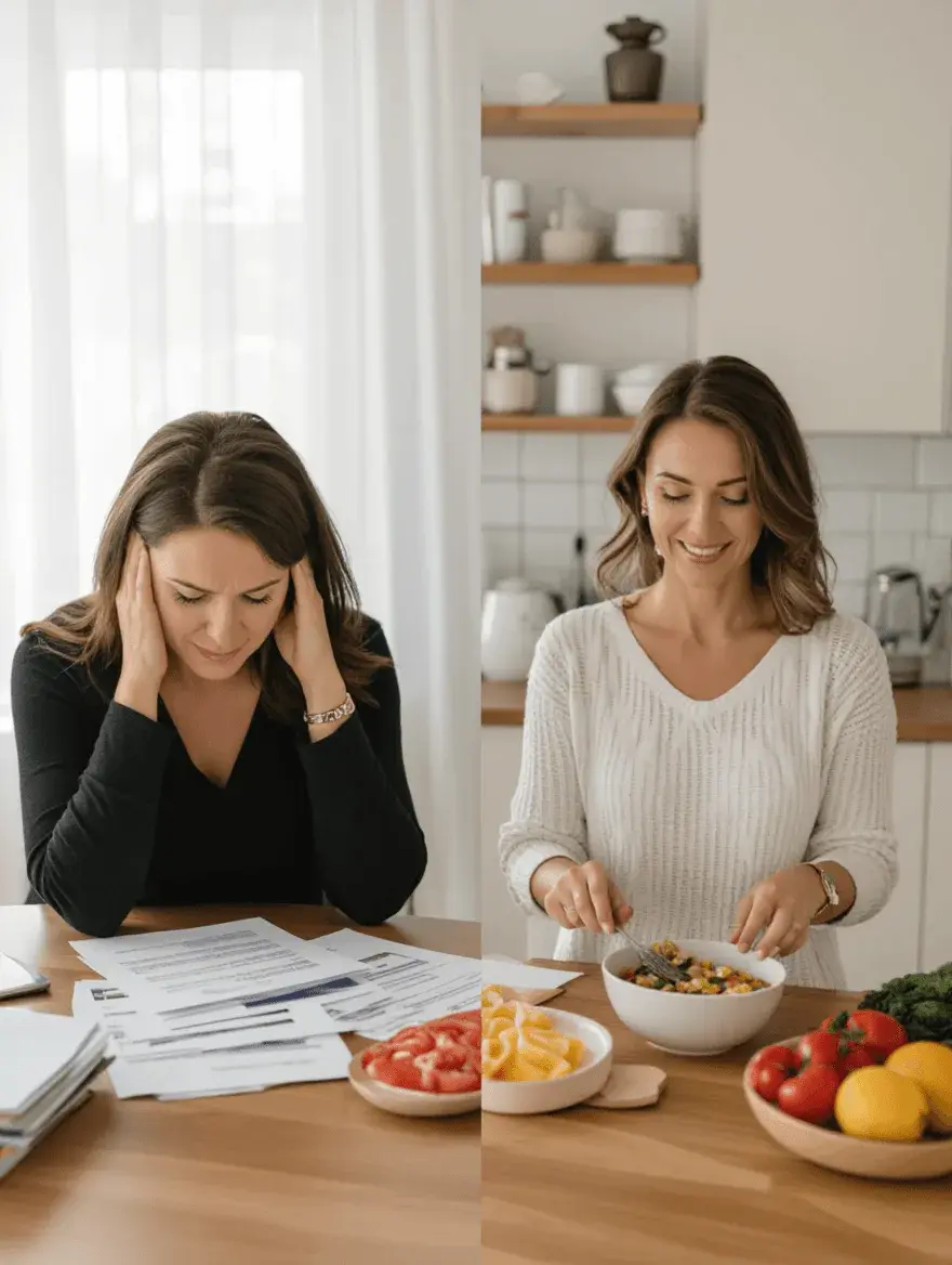 Split image showing a stressed woman at a desk contrasted with the same woman calm and energized while preparing healthy food
