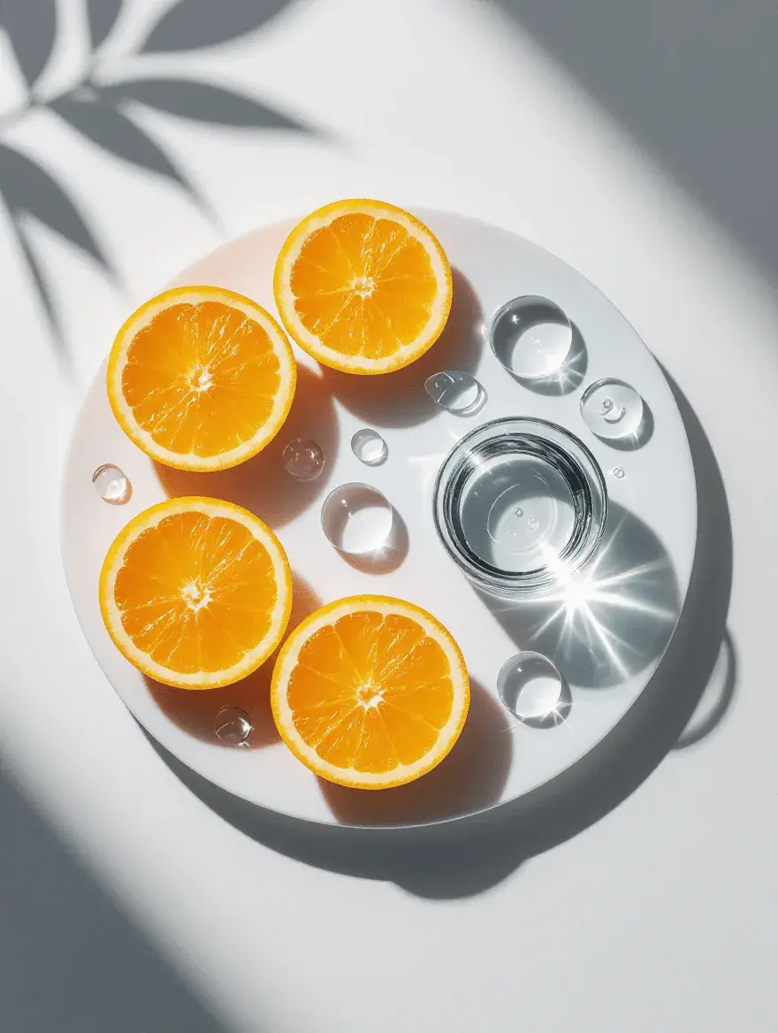 Fresh orange slices and water droplets arranged on a white surface, symbolizing vitamin C and hyaluronic acid skincare ingredients