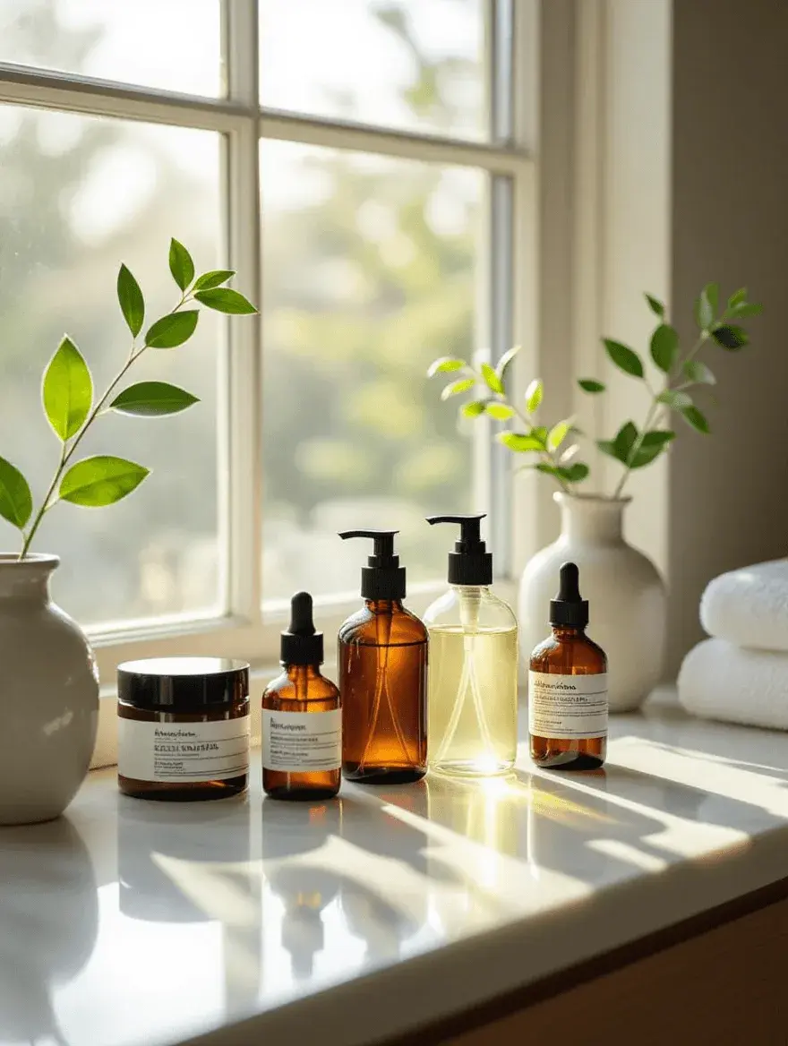 Organized skincare bottles on a bathroom counter with morning light, water droplets, and green leaves