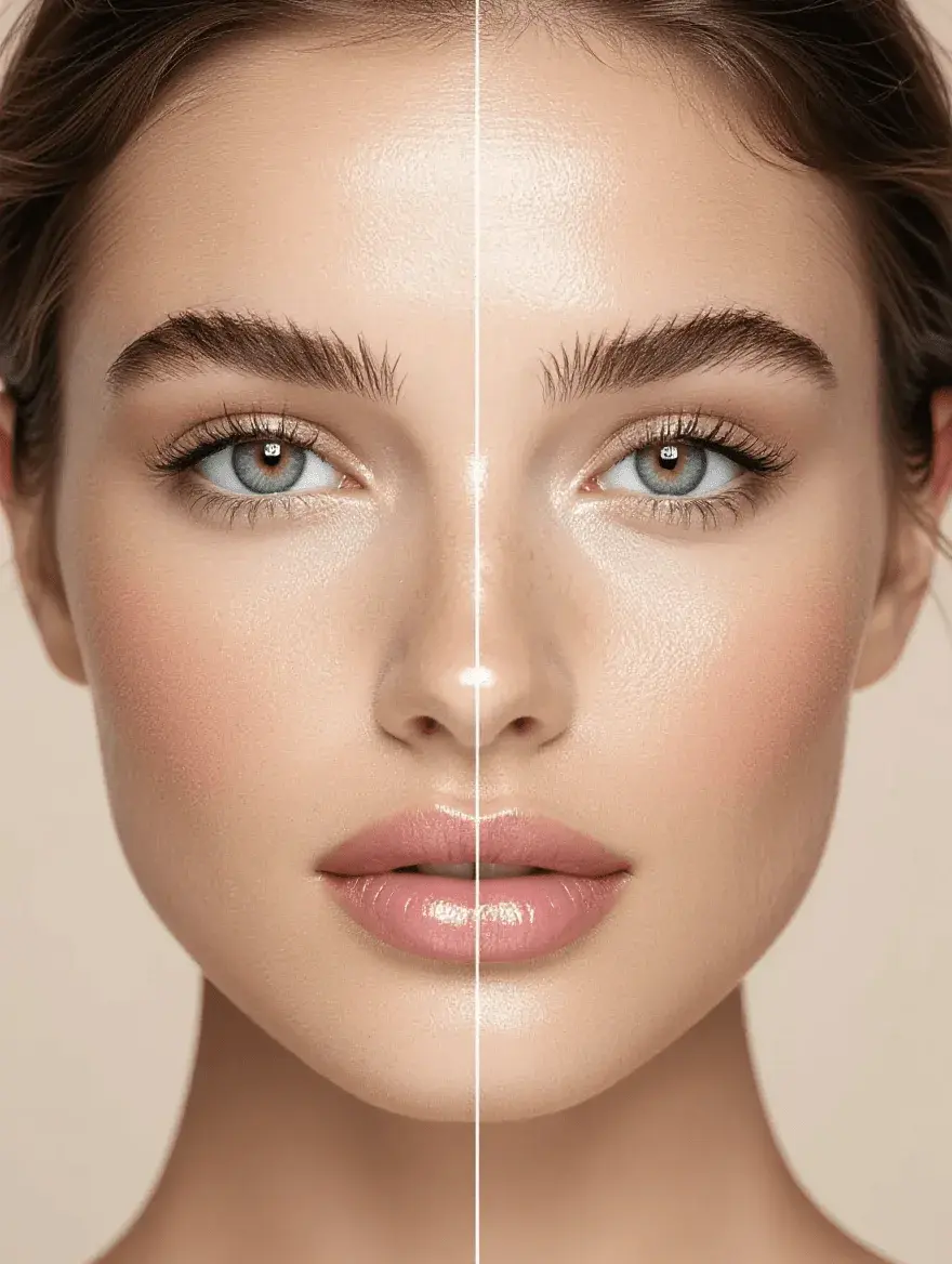 Visual comparison demonstrating pore-blurring primer effectiveness on mature skin