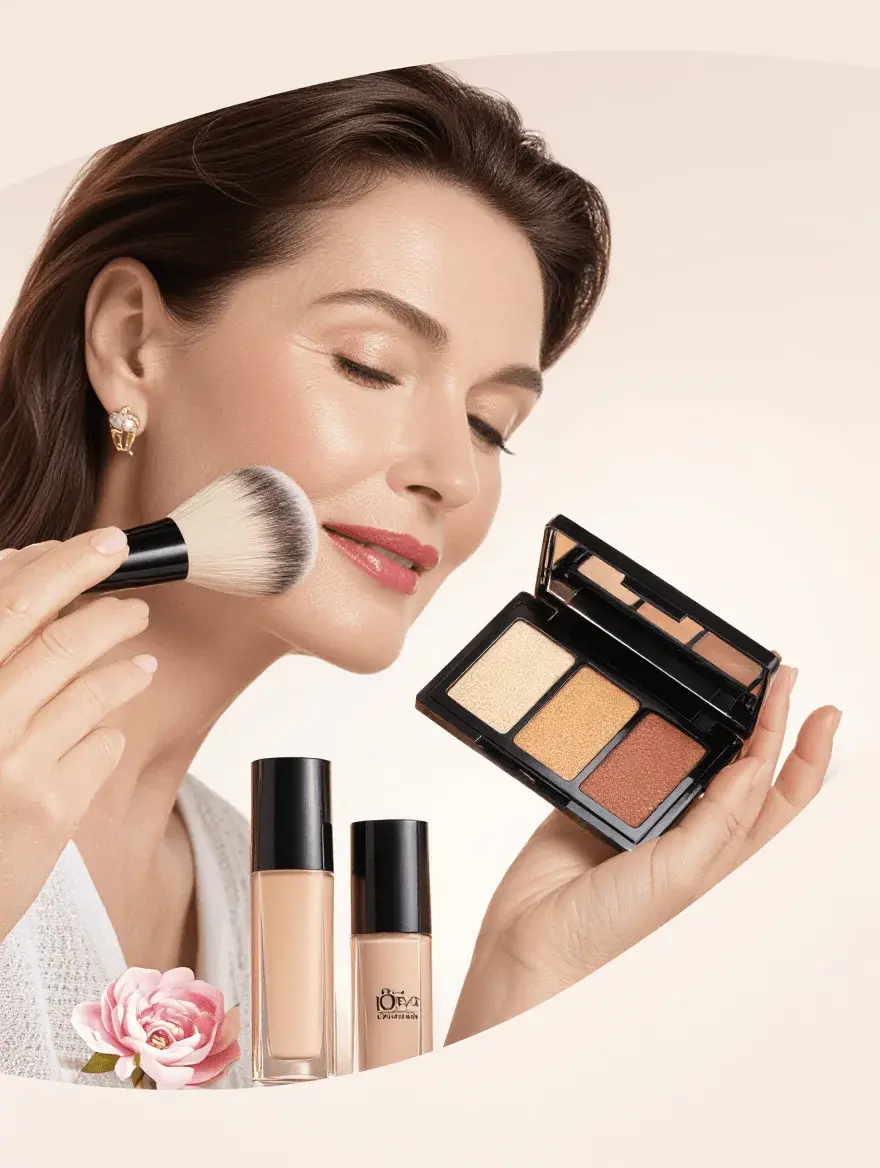 Mature woman applying vegan foundation showing natural glowing results