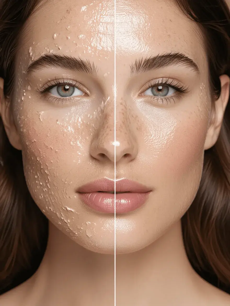 Foundation comparison on dry skin showing improper versus proper hydrating formula