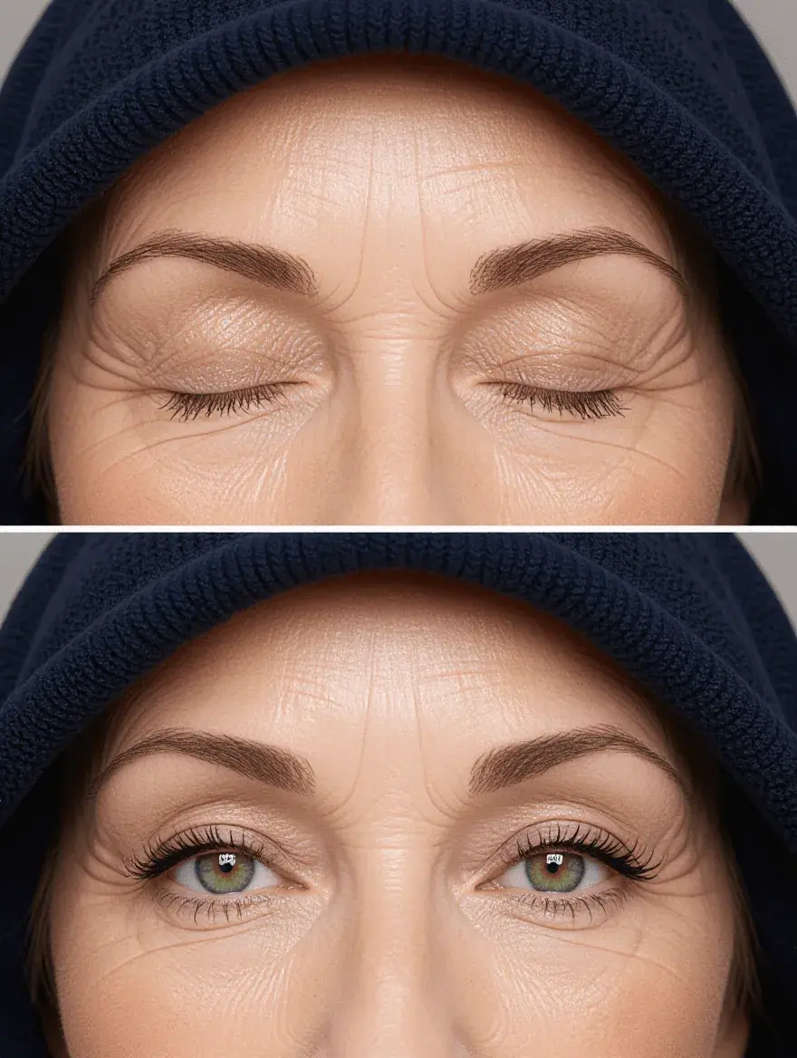 Comparison of eyeshadow placement on mature hooded eyes showing color visibility with eyes open versus closed