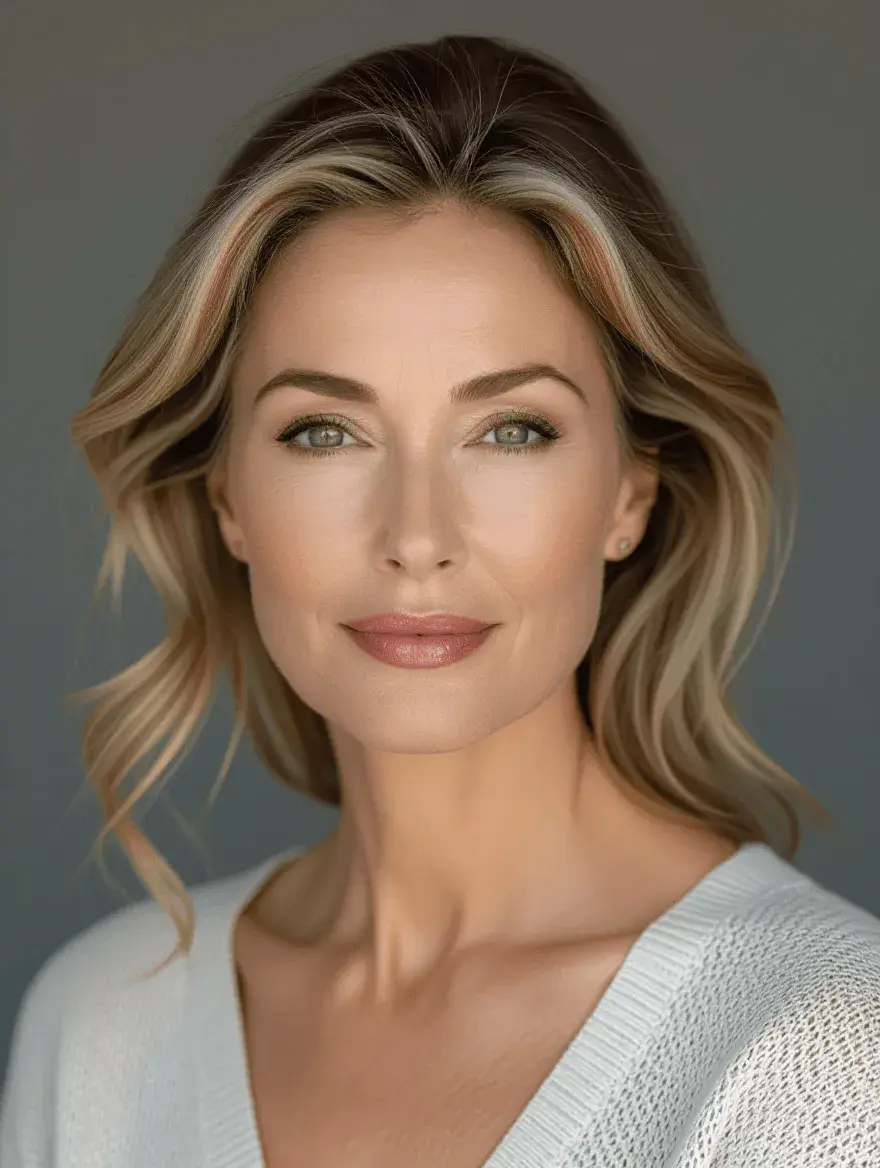 Mature woman demonstrating age-appropriate beauty with natural glowing skin and strategic makeup enhancement