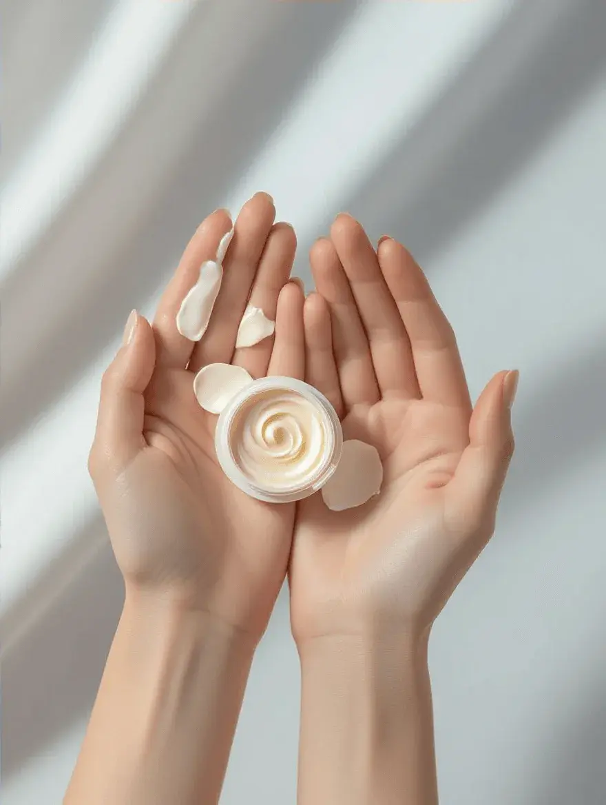 Hands warming cream concealer between fingertips to achieve optimal application consistency