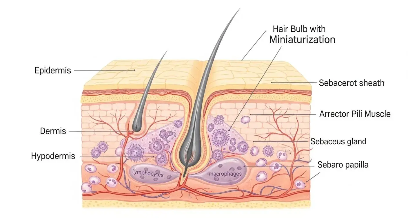 Illustration of hair follicle miniaturisation and scalp inflammation linked to oestrogen decline