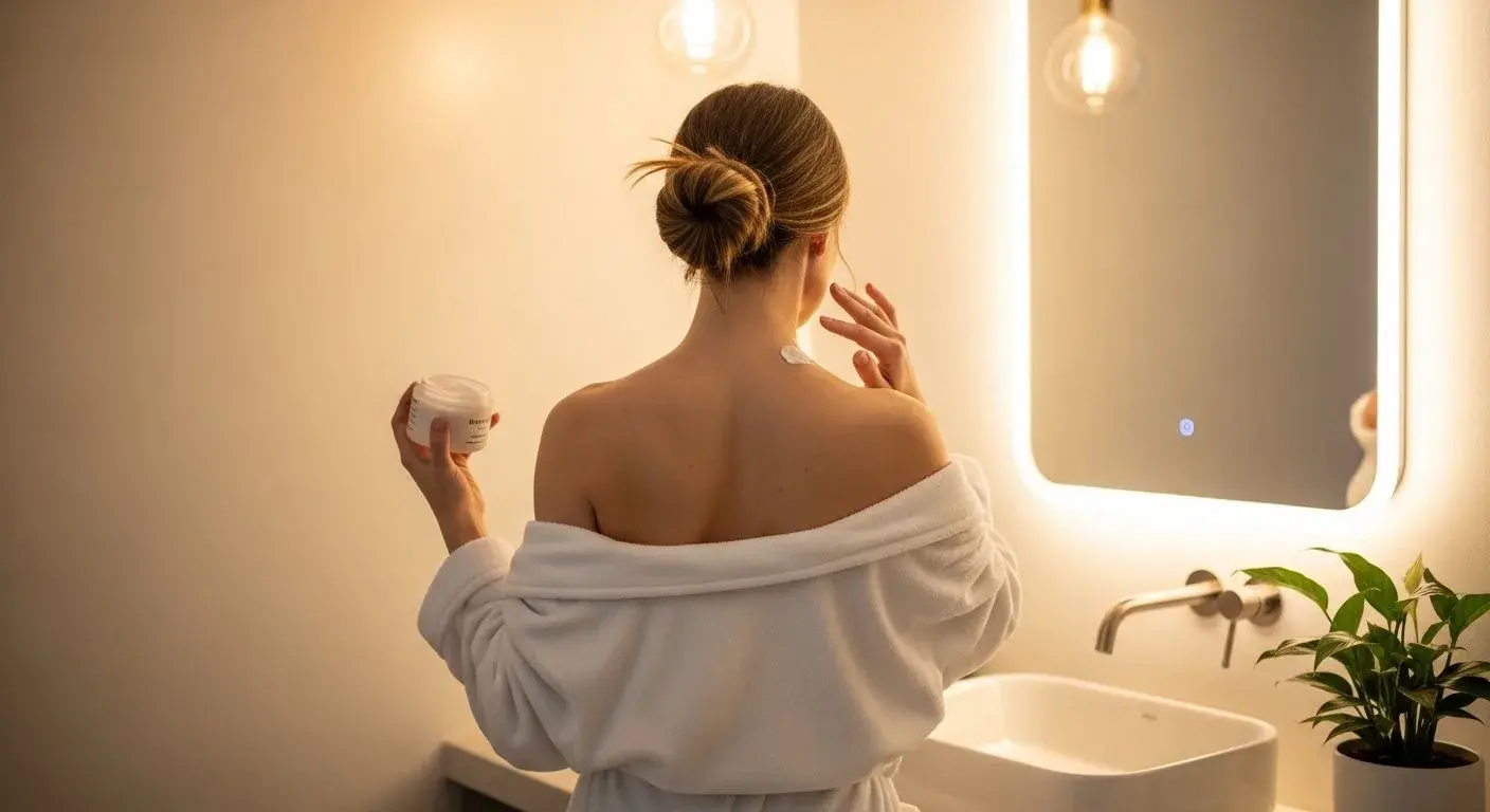 Woman applying soothing cream to perianal area as part of perimenopause skin care routine
