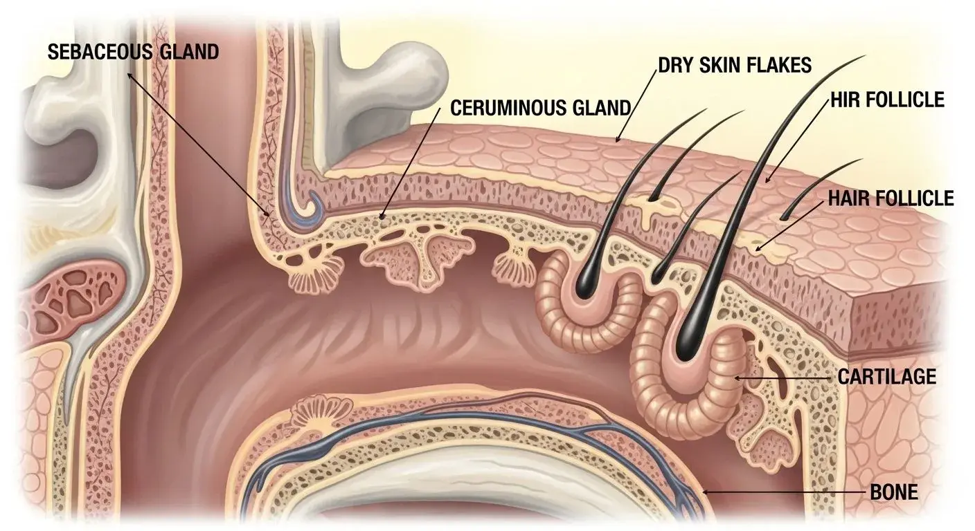 Illustration of the ear canal showing dryness and sebaceous gland changes linked to oestrogen decline during perimenopause