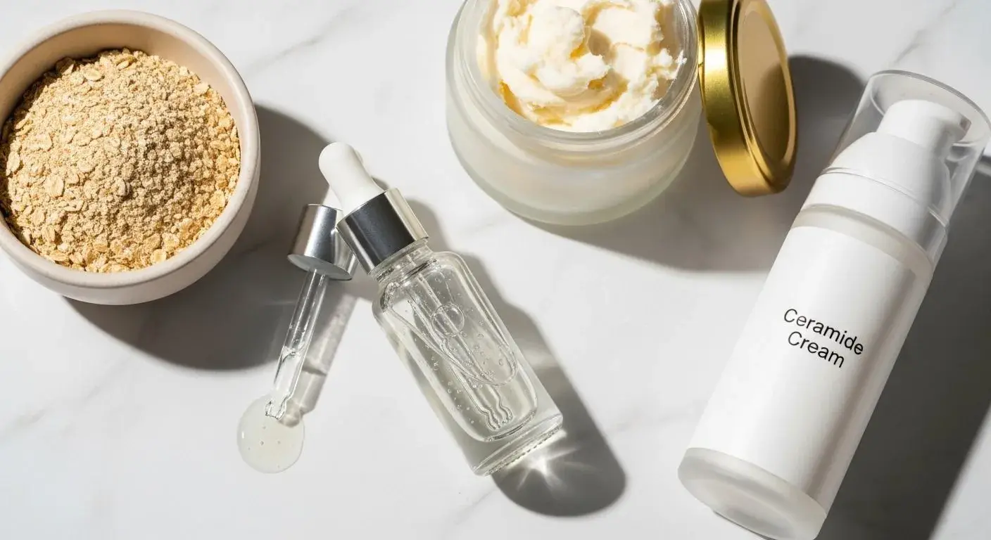 Key ingredients in anti-itch lotions for menopausal dry skin: oats, hyaluronic acid, ceramides, and shea butter