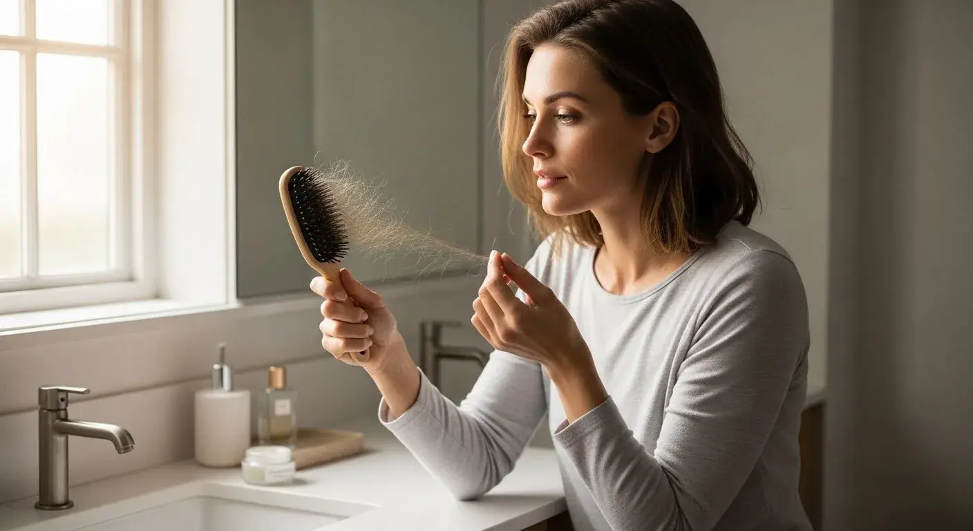 Woman examining hair shedding on a hairbrush during perimenopause
