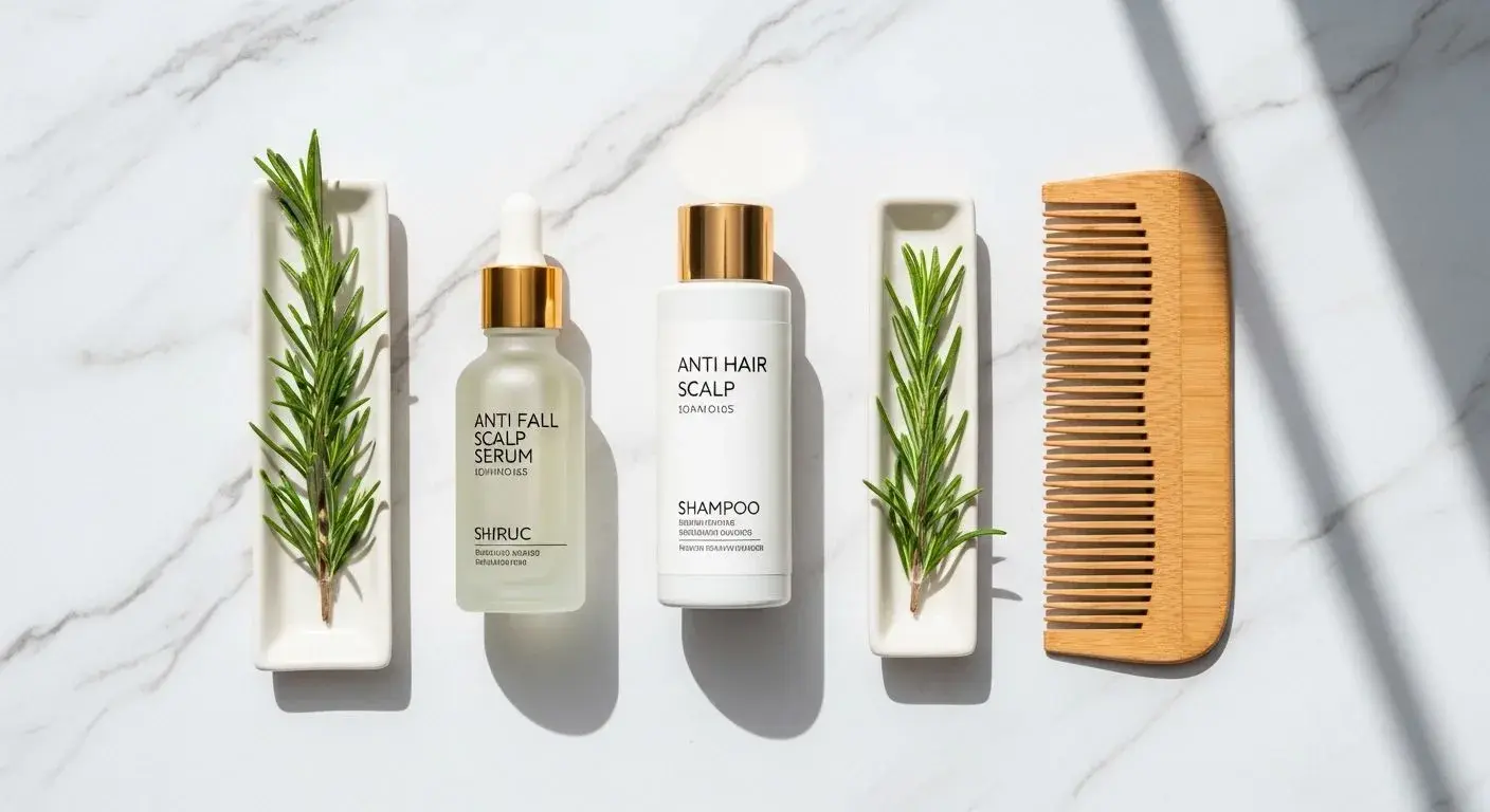 Anti hair fall scalp care products including serum and gentle shampoo for menopausal hair shedding