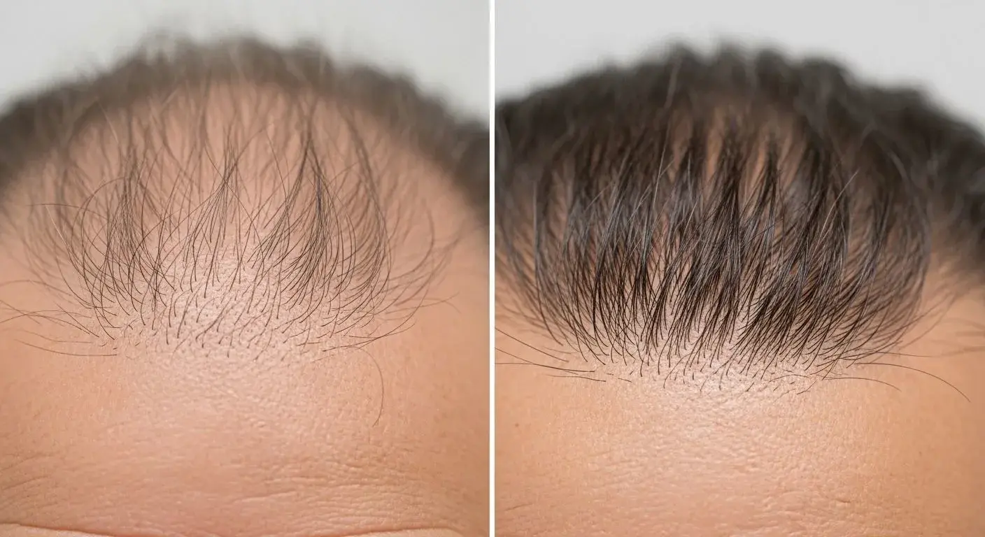 Before and after comparison of hormonal hair loss and regrowth in a menopausal woman