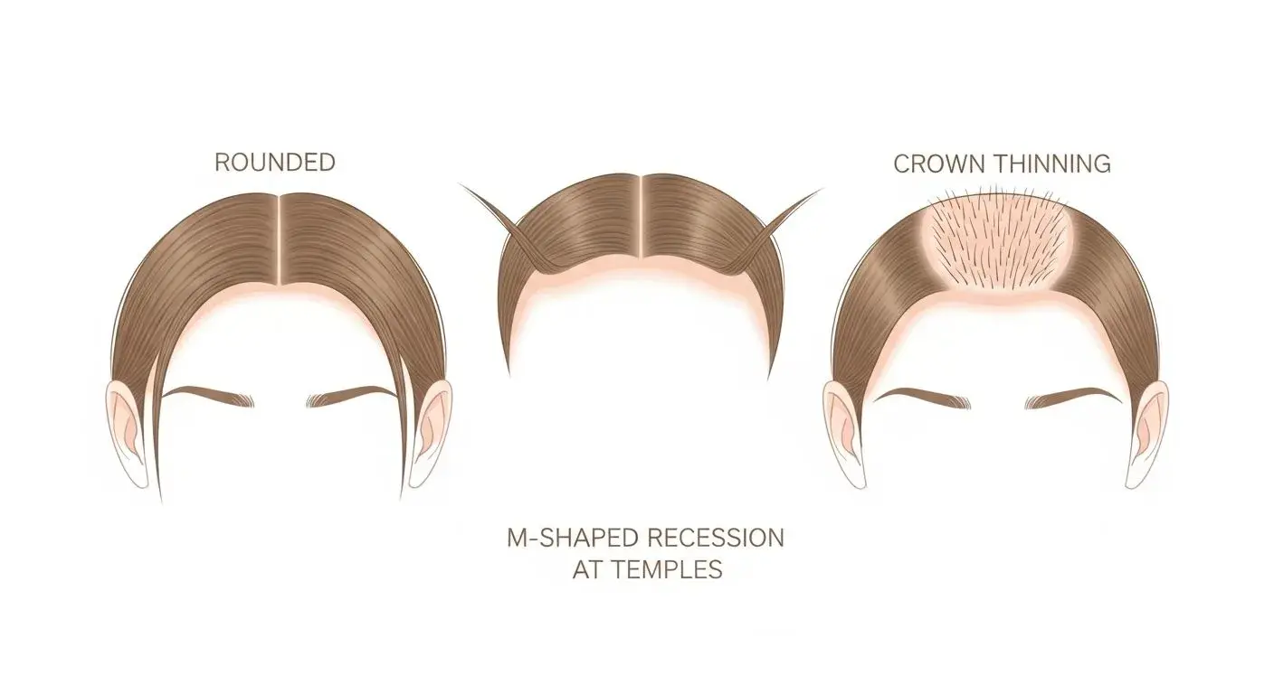 Illustration of different female hairline types including healthy, receding at temples, and thinning at crown