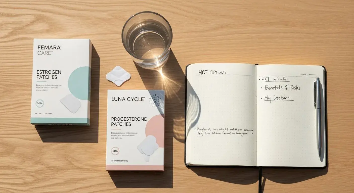 HRT patches and a personal wellness journal on a wooden table, representing informed decision-making about hormone replacement therapy.