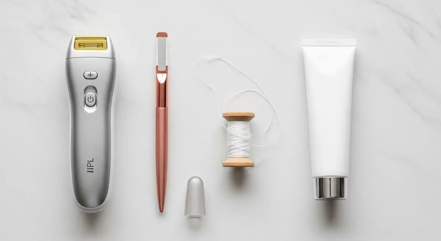 Facial hair removal options for menopausal women including IPL device, threading, and prescription cream