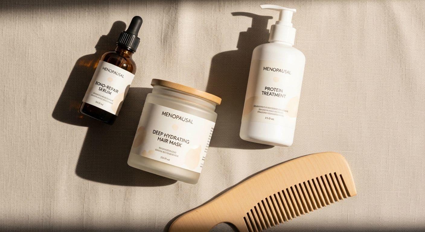 Hair care products for menopausal frizz including bond-repair serum, hydrating mask, and protein treatment