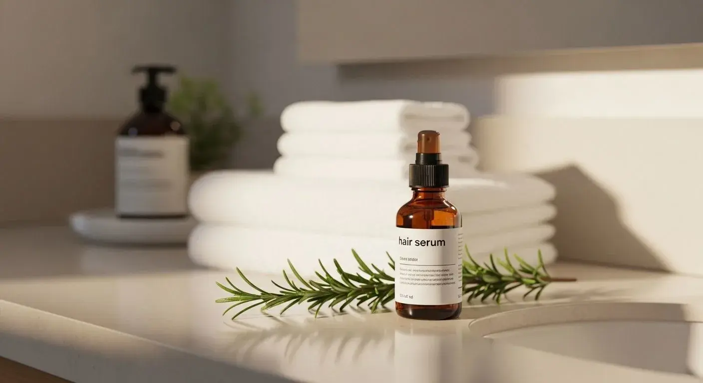 Natural hair care products on a bathroom counter representing menopause hair regrowth support