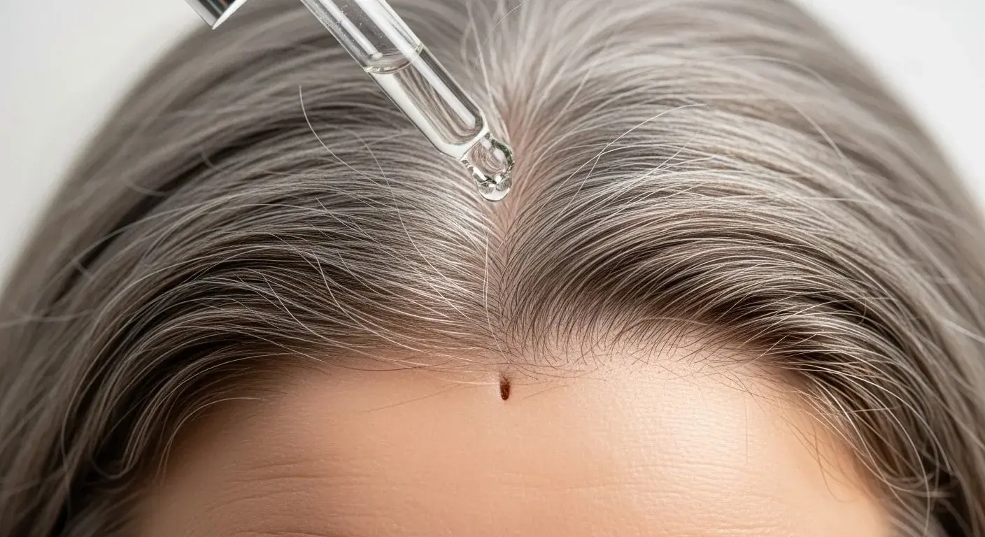 Close-up of a woman applying topical minoxidil solution to her scalp parting using a dropper applicator