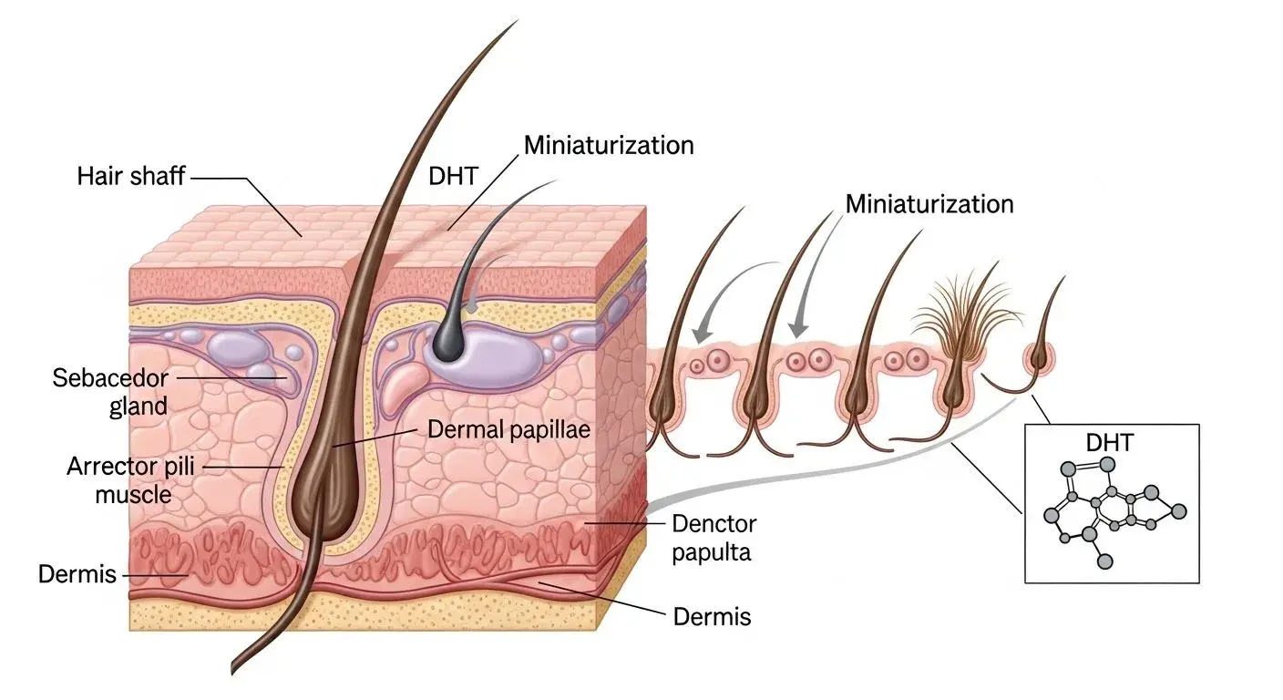 Hair follicle miniaturisation caused by DHT in PCOS