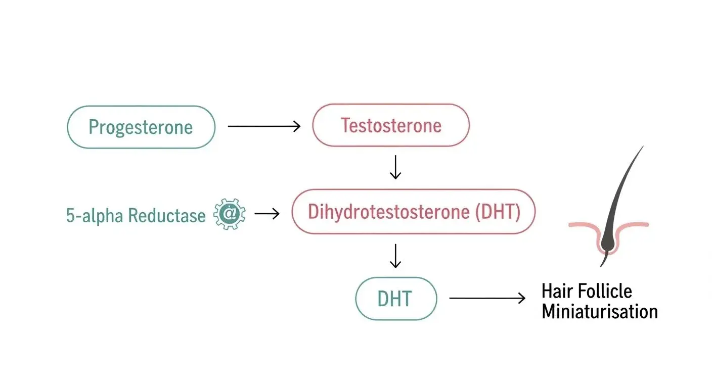 Diagram showing how low progesterone leads to increased DHT activity and hair follicle miniaturisation in women
