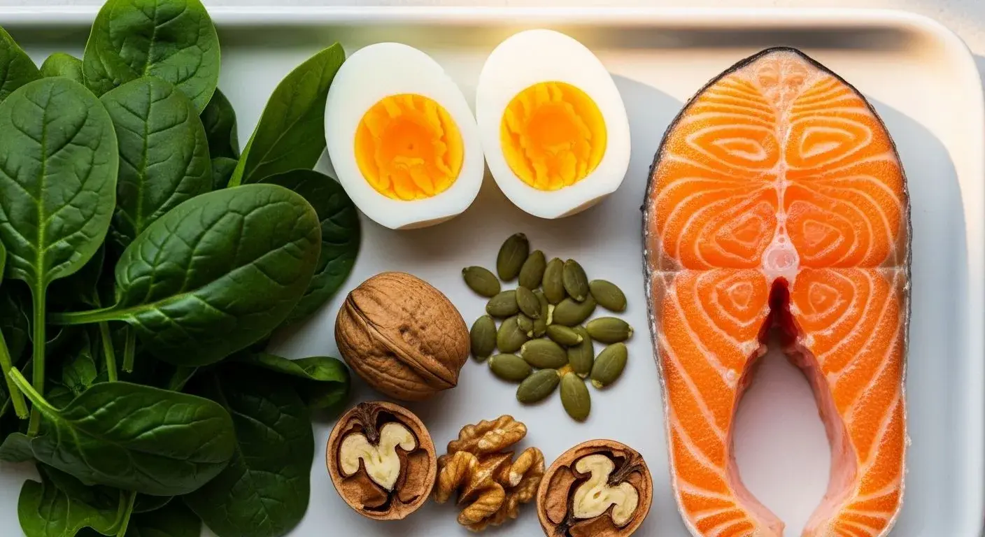 Nutrient-rich foods including salmon, eggs, spinach and seeds that support hair regrowth after hysterectomy