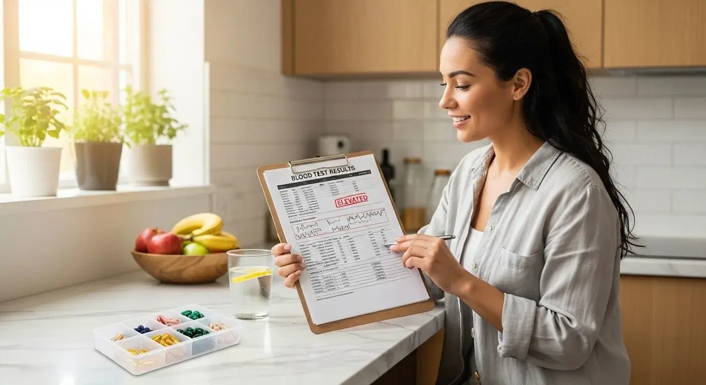 Woman reviewing blood test results to identify nutritional deficiencies linked to hair loss
