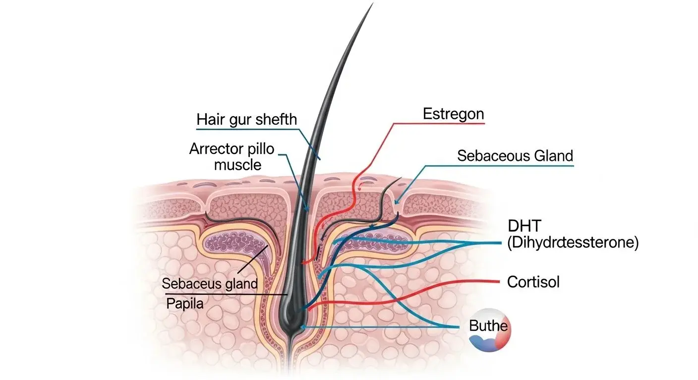 Diagram showing how estrogen, DHT, and cortisol affect the hair follicle cycle in women over 40
