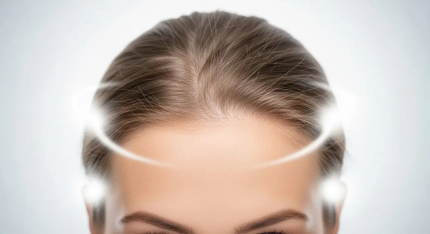 Close-up of thinning hair at the crown in a menopausal woman
