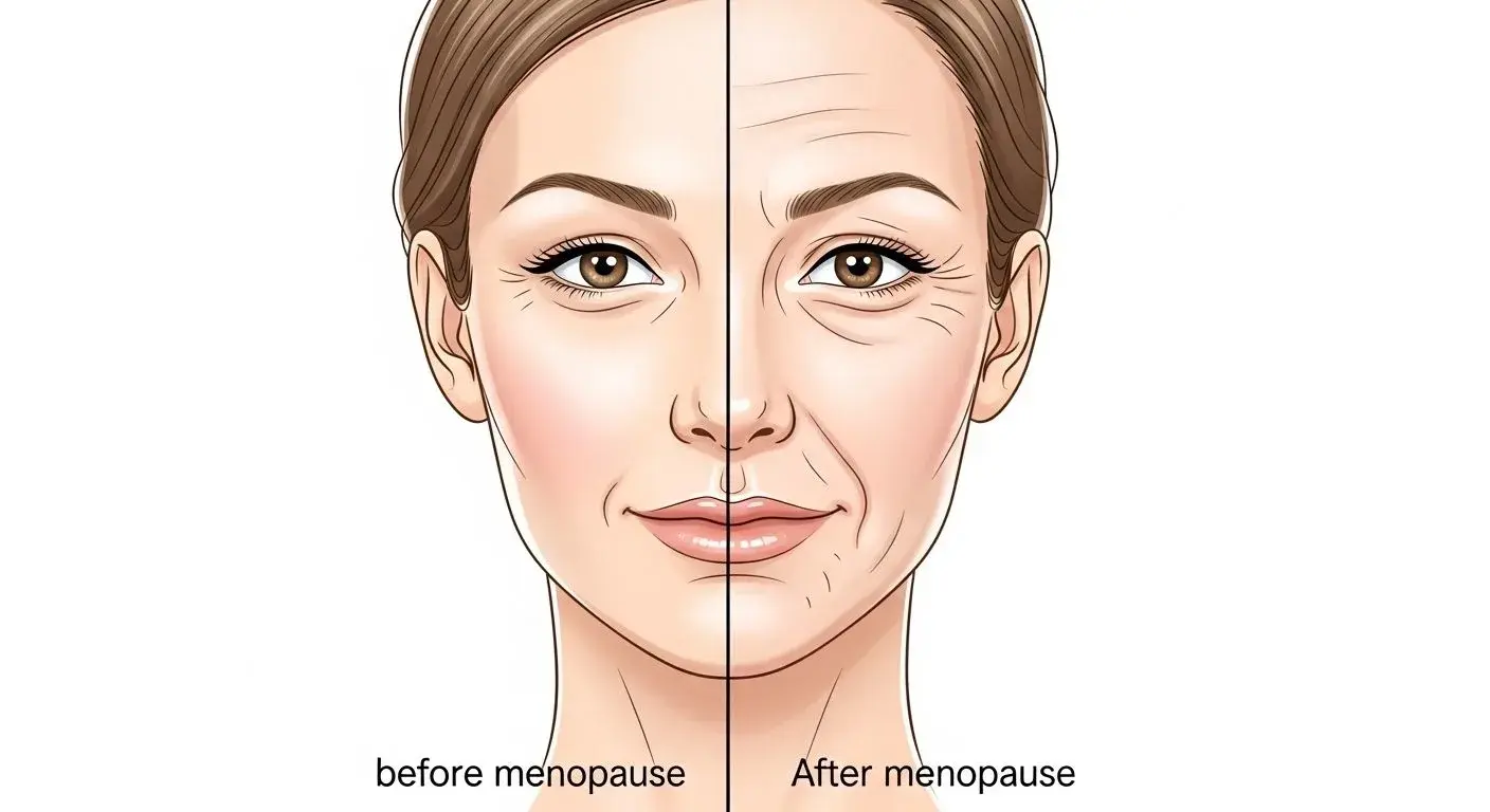 Side-by-side comparison of face skin before and after menopause showing dryness and collagen loss