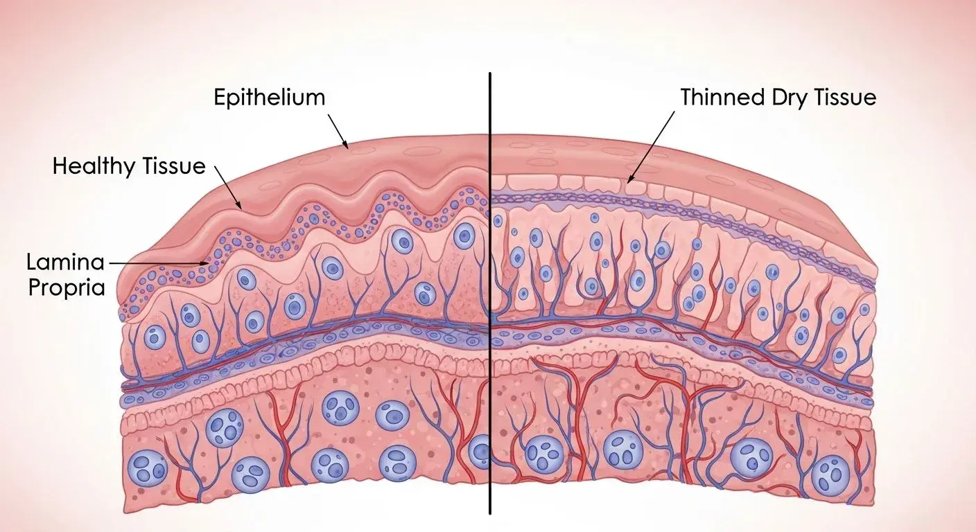 Diagram showing the effect of estrogen loss on vaginal tissue thickness during menopause