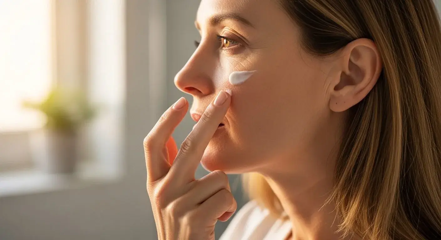 Woman applying estrogen cream to face during menopause skincare routine