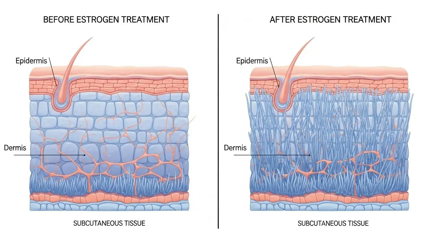 Illustration of facial skin collagen changes with HRT during menopause