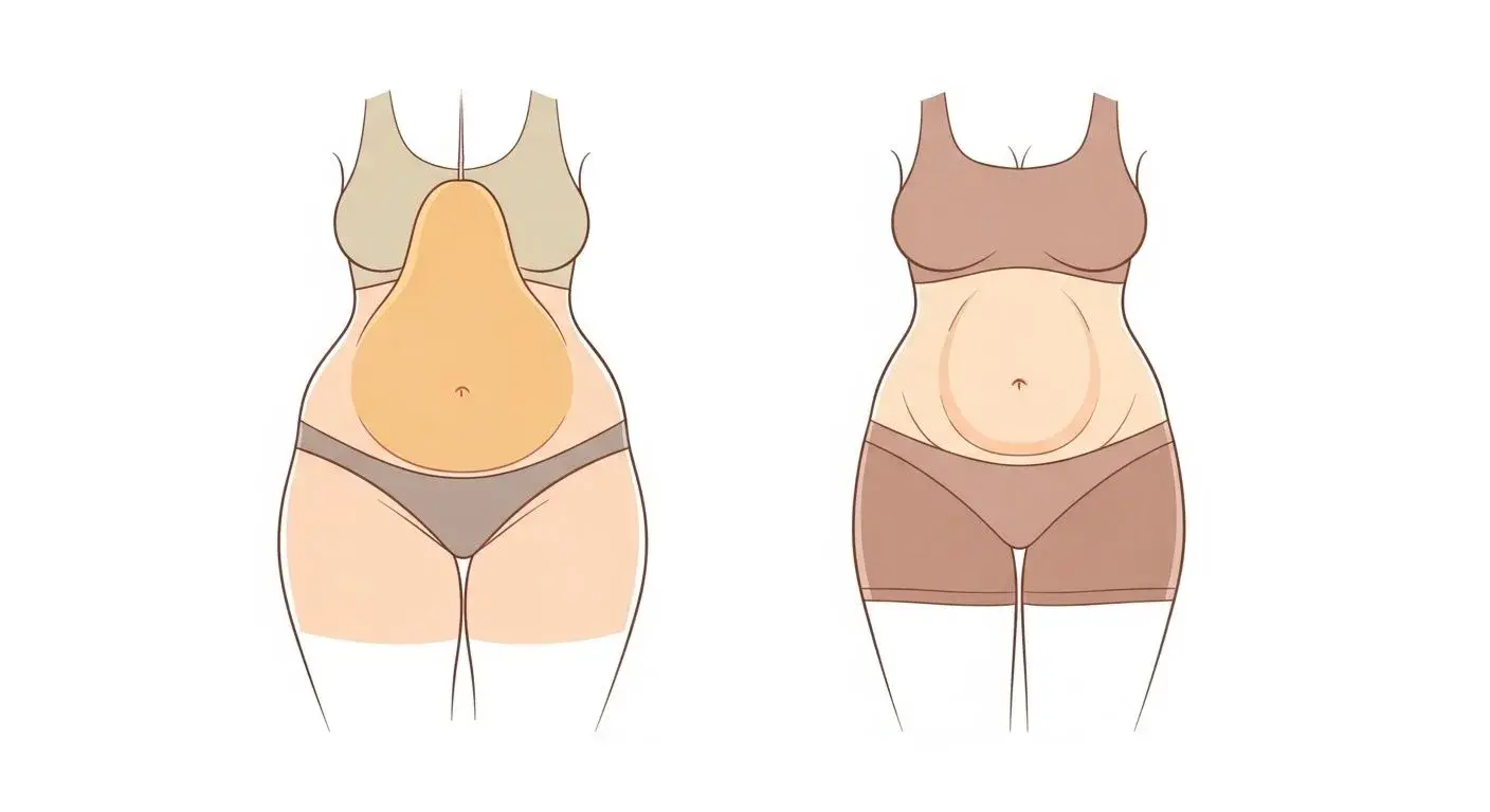 Diagram showing body fat redistribution from pear shape to apple shape during menopause