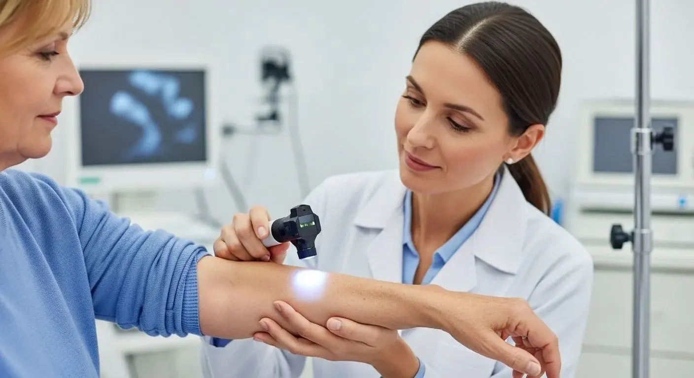 Dermatologist examining bruising on a menopausal woman's arm