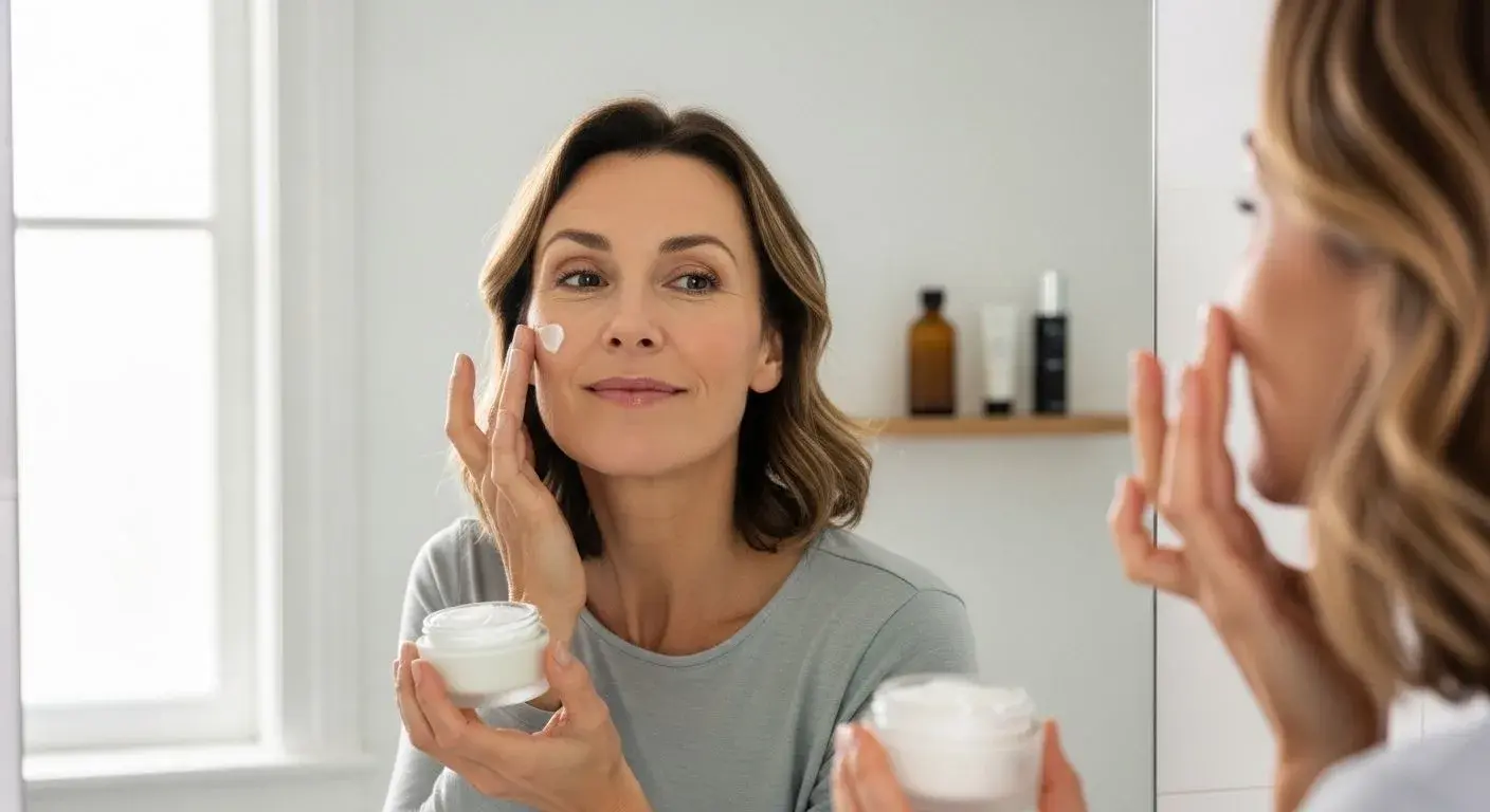 Woman applying best face moisturiser for menopausal skin in morning routine