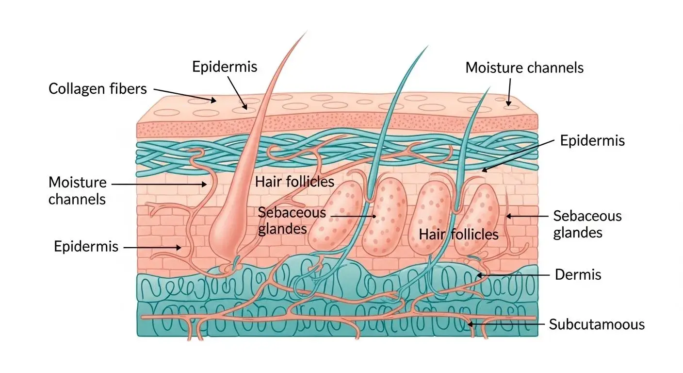 Diagram showing how estrogen affects skin layers collagen and moisture in perimenopause