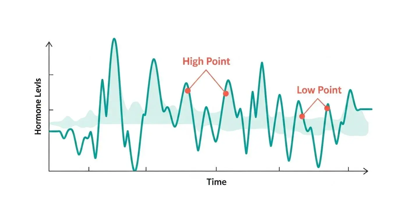 Graph showing how perimenopause hormone levels fluctuate causing symptoms to come and go