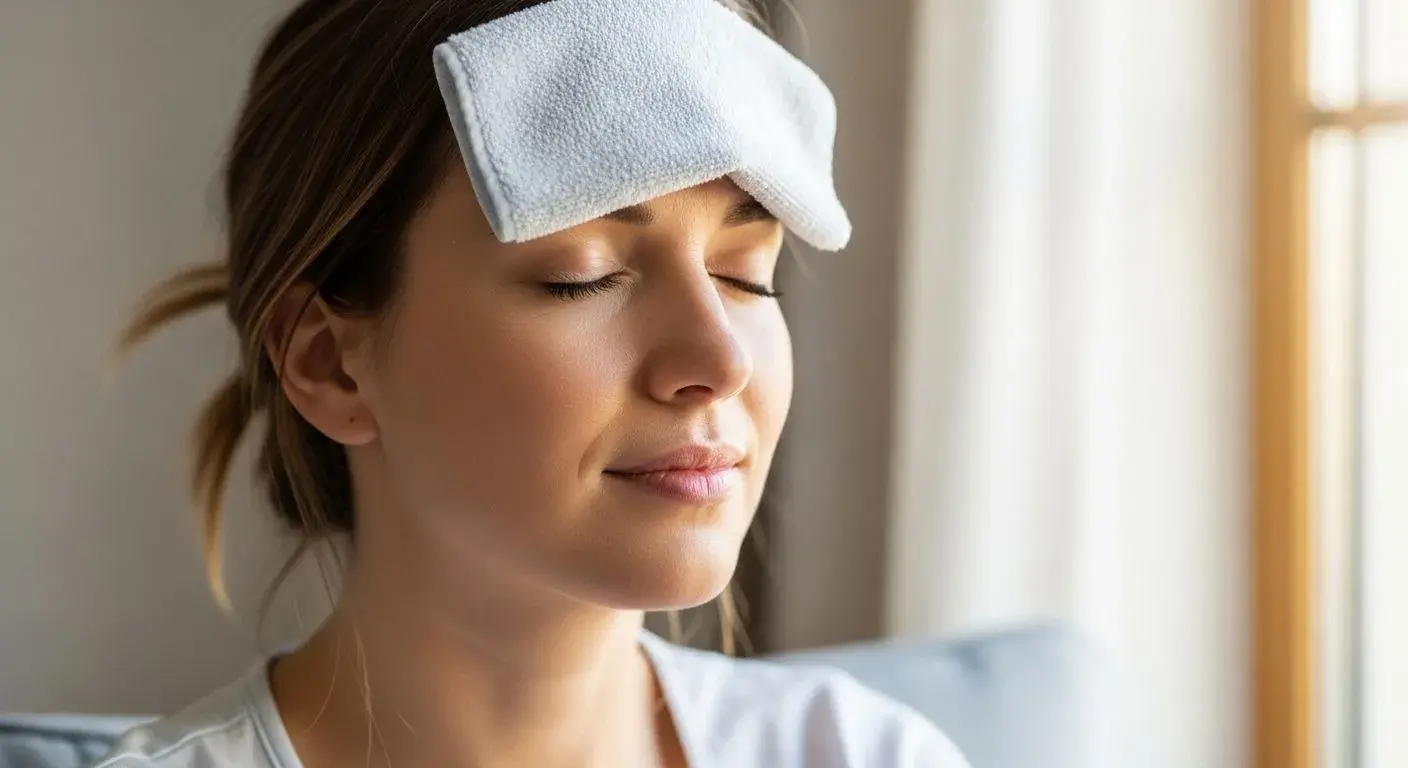Woman relieving hot flush headache with a cool cloth