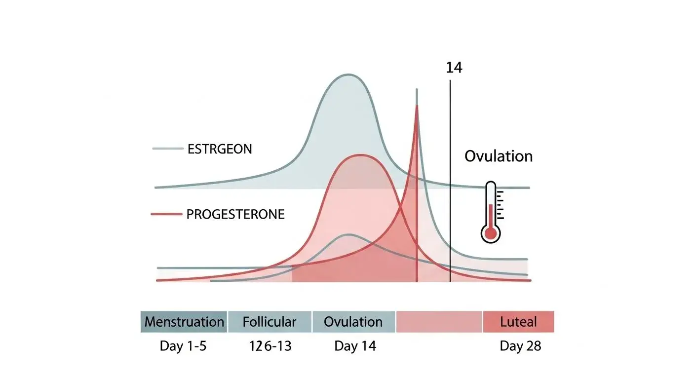Diagram of hormonal cycle showing temperature rise at ovulation