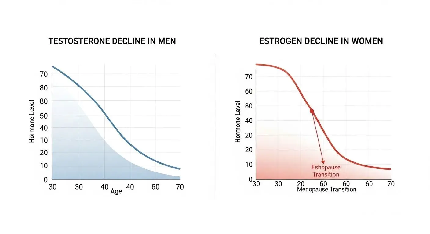 Comparison chart of testosterone decline in men versus estrogen decline in women