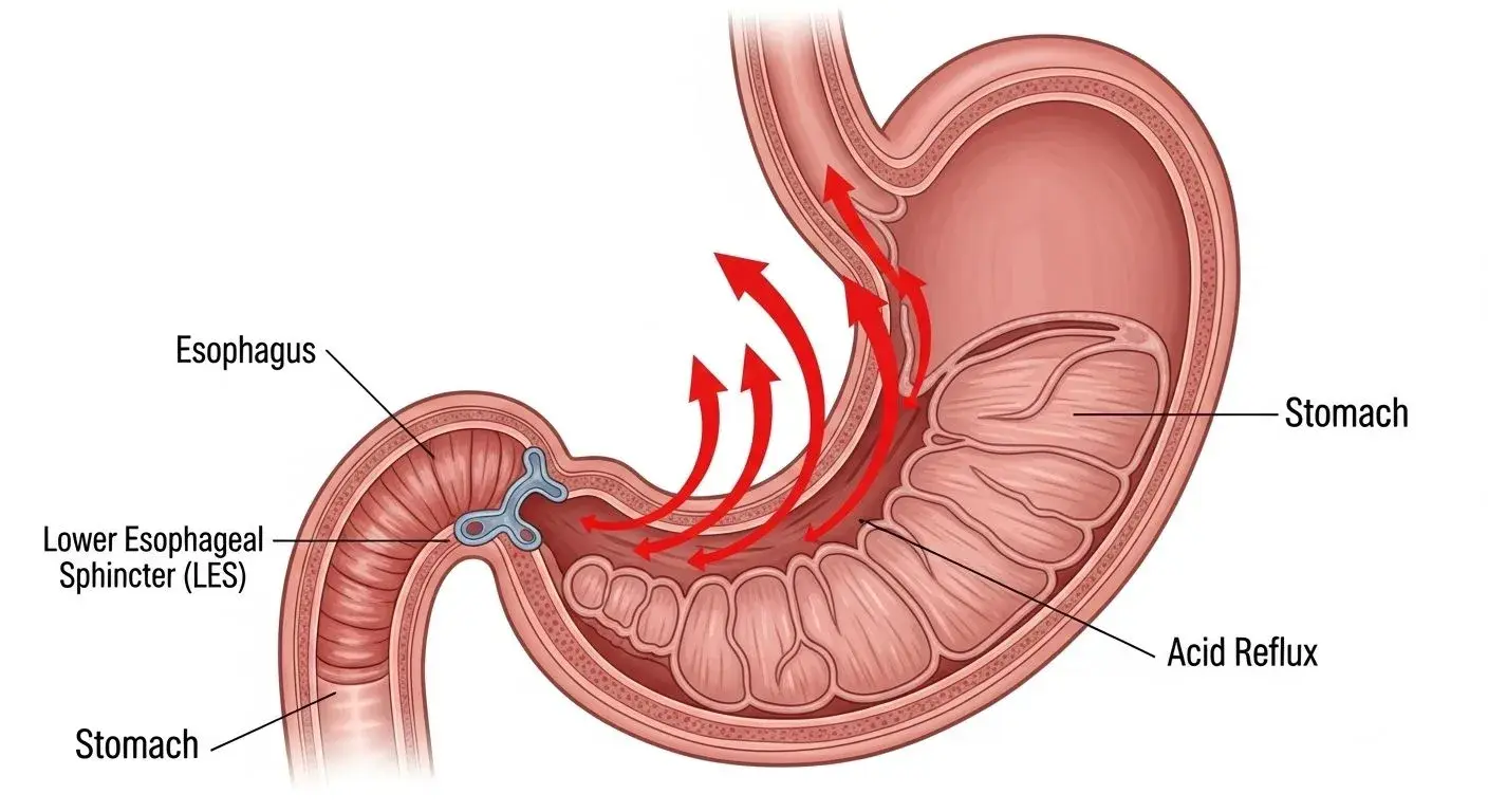 Diagram showing how acid reflux occurs via the lower esophageal sphincter