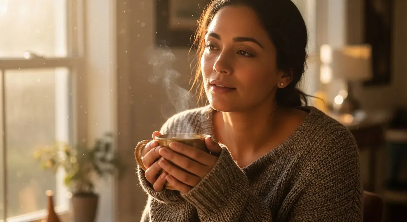 Woman drinking ginger tea to ease menopause nausea