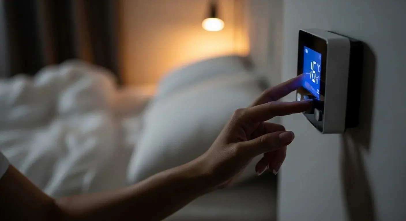 Woman adjusting thermostat to manage night sweats during perimenopause
