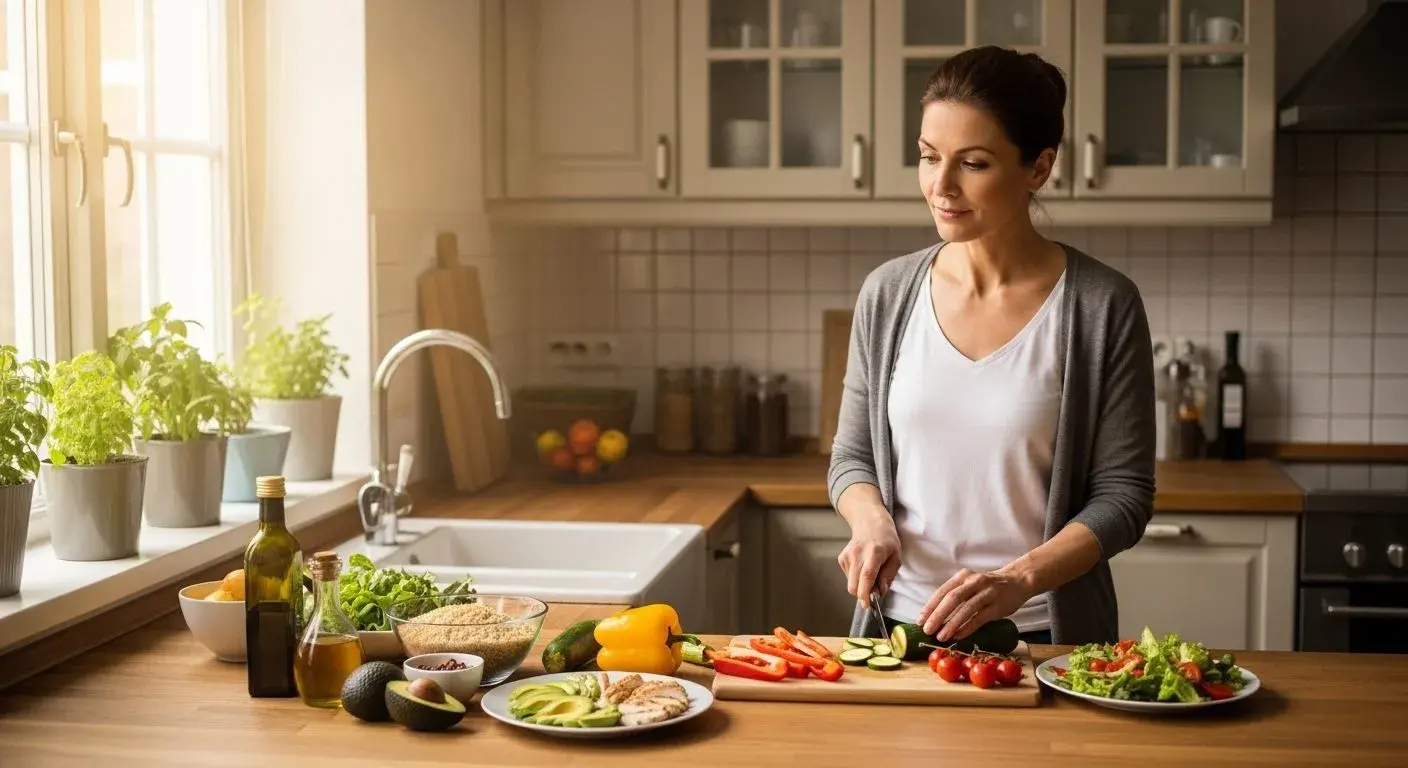 Woman with reduced appetite during perimenopause preparing a small meal
