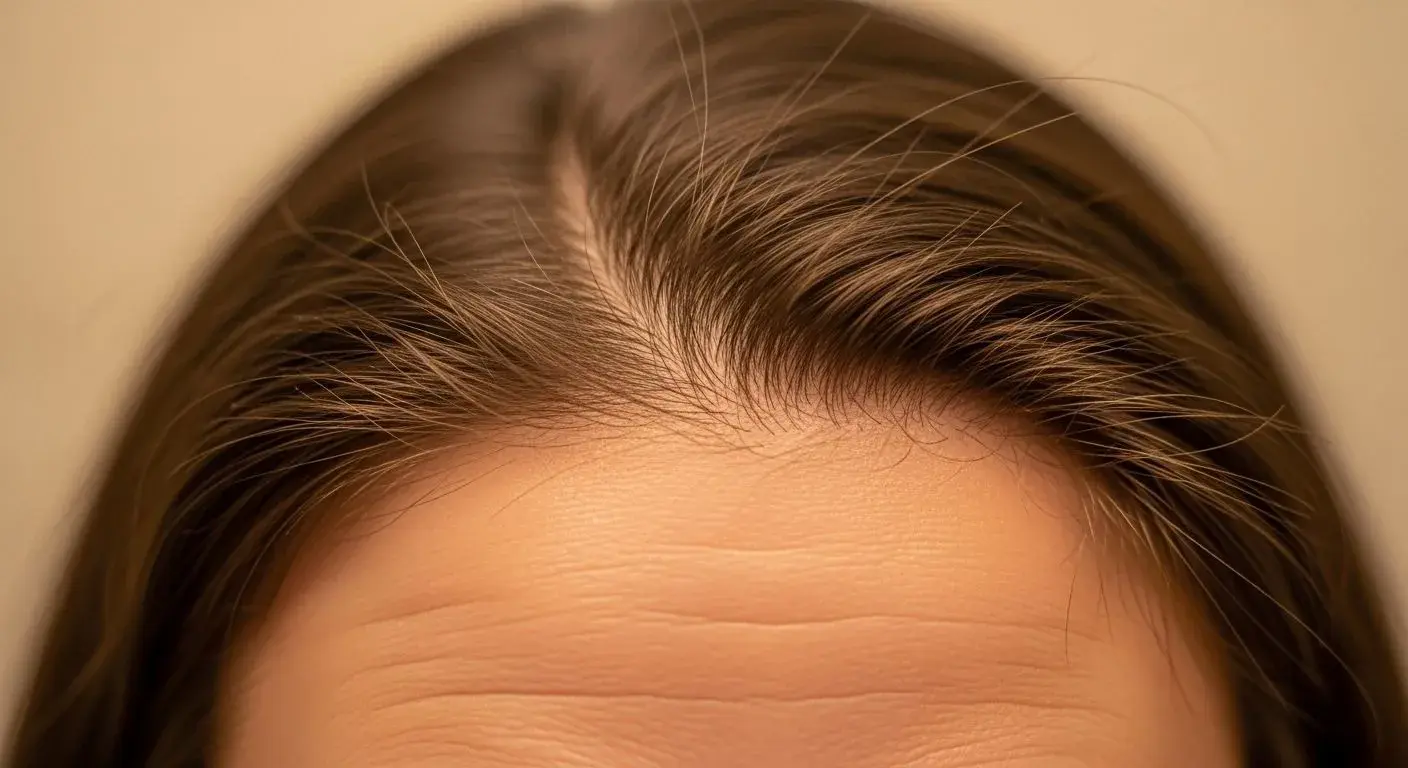 Close-up of female hair thinning at the parting typical of hormonal hair loss