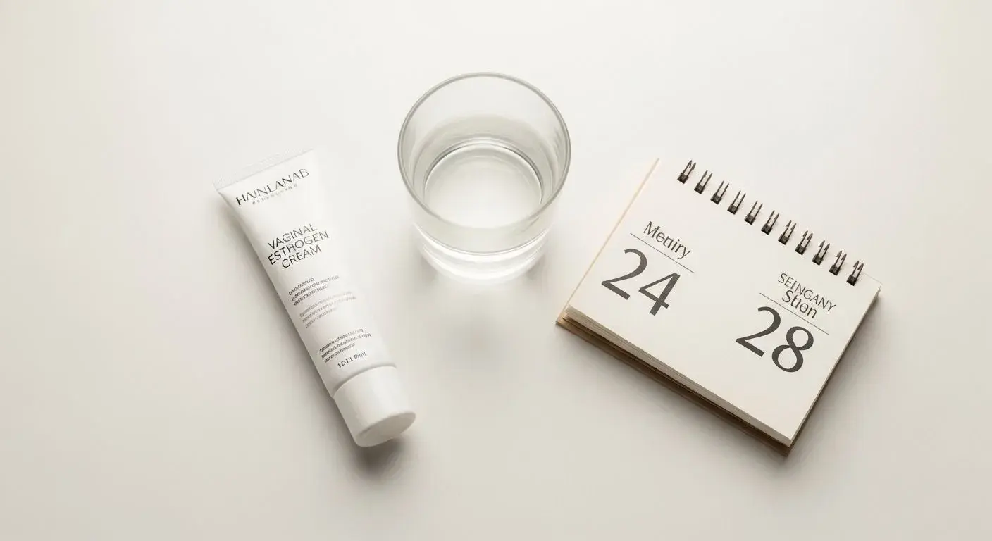 Vaginal oestrogen cream for use after menopause alongside daily routine items