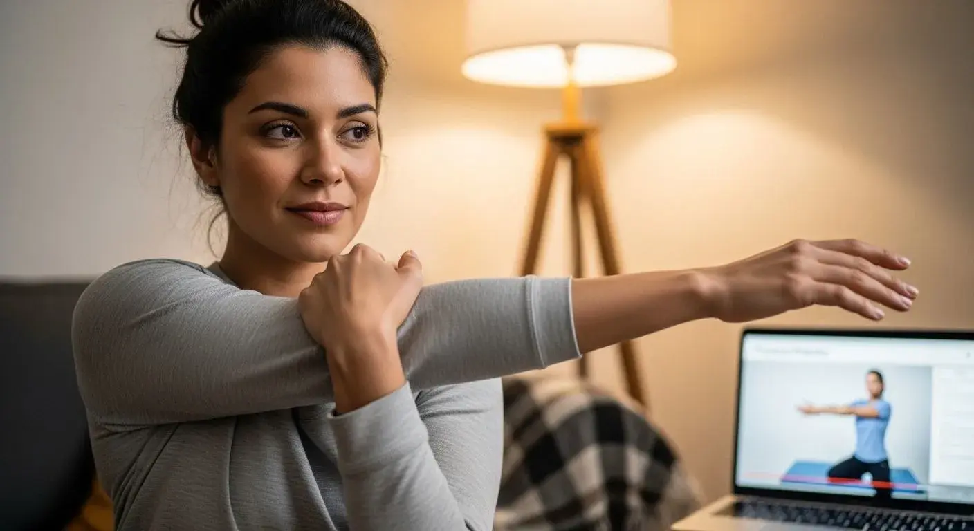Woman following an adhesive capsulitis exercise video at home