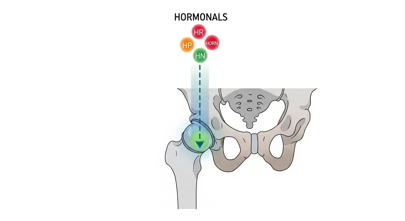Diagram of cortisol and estrogen interaction affecting hip joints during menopause