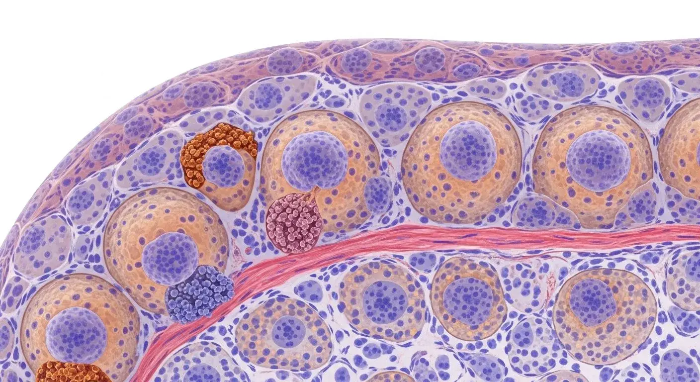 Scientific illustration of frozen shoulder capsule inflammation at cellular level